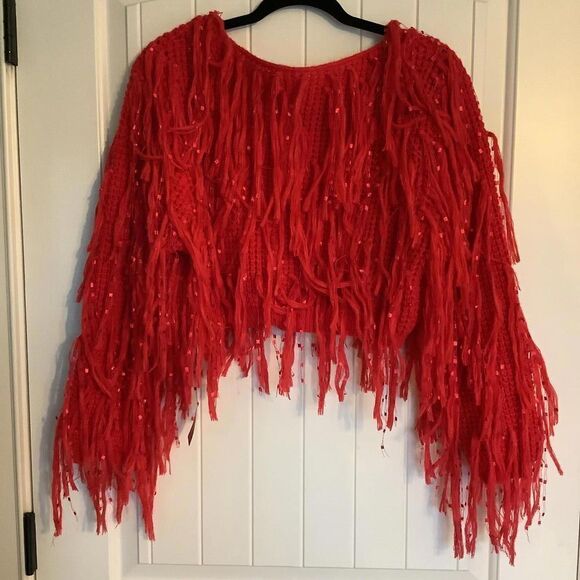 NWT SHEIN Sky Red Fringe Crop Sweater - Picture 1 of 6